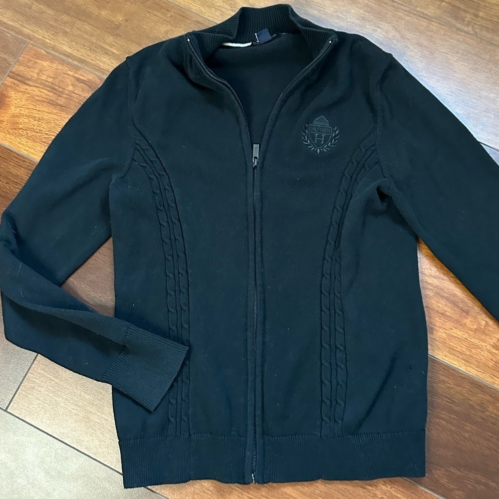 Tommy Hilfiger Black Zip Up Cardigan Crested Sweater Sz Sm/M